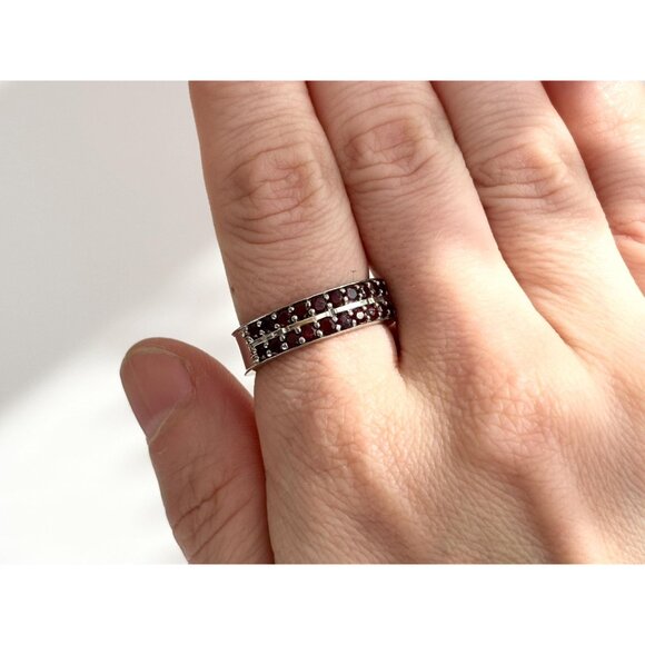 Cigar Band Row Set Dark Garnet 925 Sterling Silver Vintage Ring - sz 9 - Picture 9 of 14